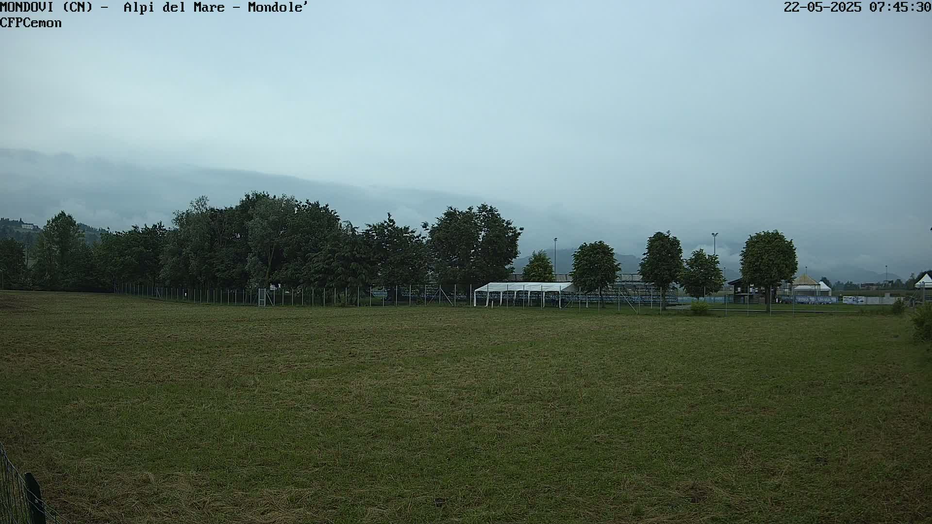 A grassy field with a line of trees and a covered structure behind a fence, all under an overcast sky.