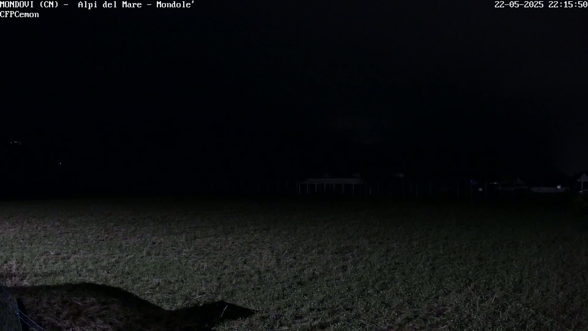 A dark, nighttime scene shows a grassy field with a dimly lit structure in the background under a cloudy sky.