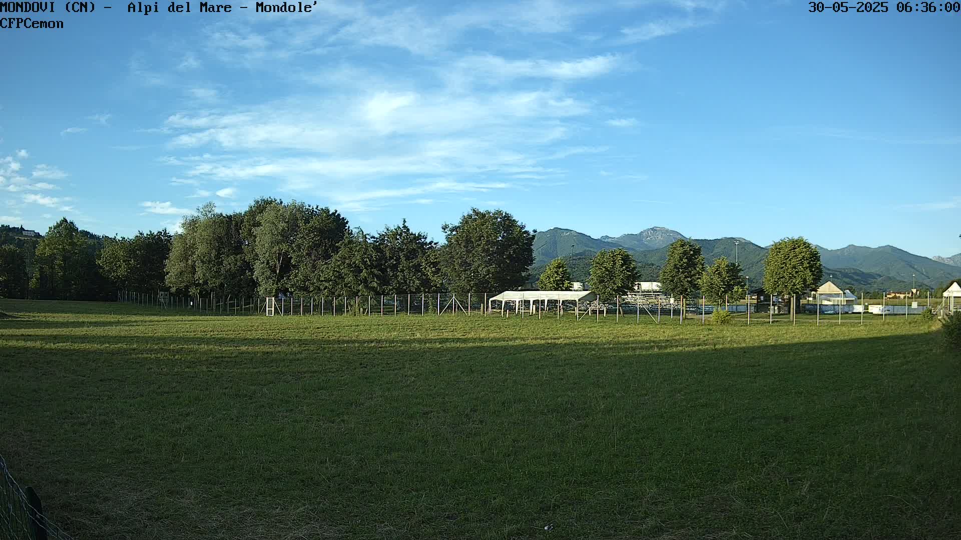 A grassy field enclosed by a fence sits in front of a line of trees, with mountains in the background under a mostly clear blue sky.