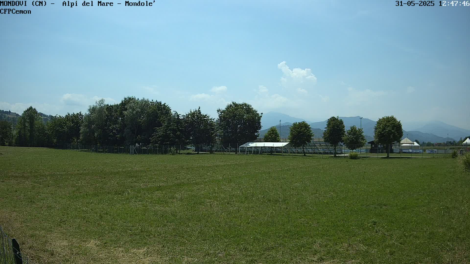 A grassy field stretches towards a line of trees and a covered seating area, with mountains visible in the background under a mostly clear, sunny sky.