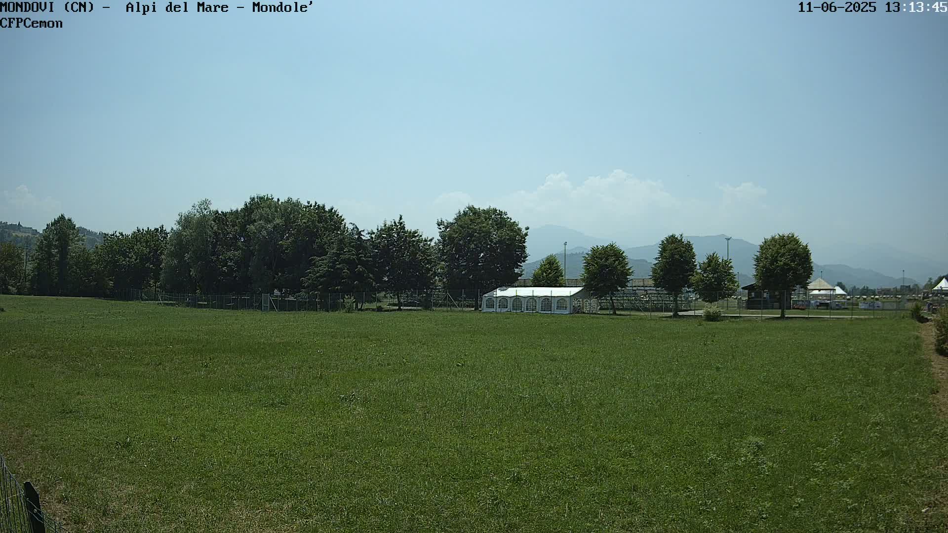 A large grassy field stretches out under a mostly sunny sky, with a line of trees and a white tent in the middle ground, and mountains visible in the distance.