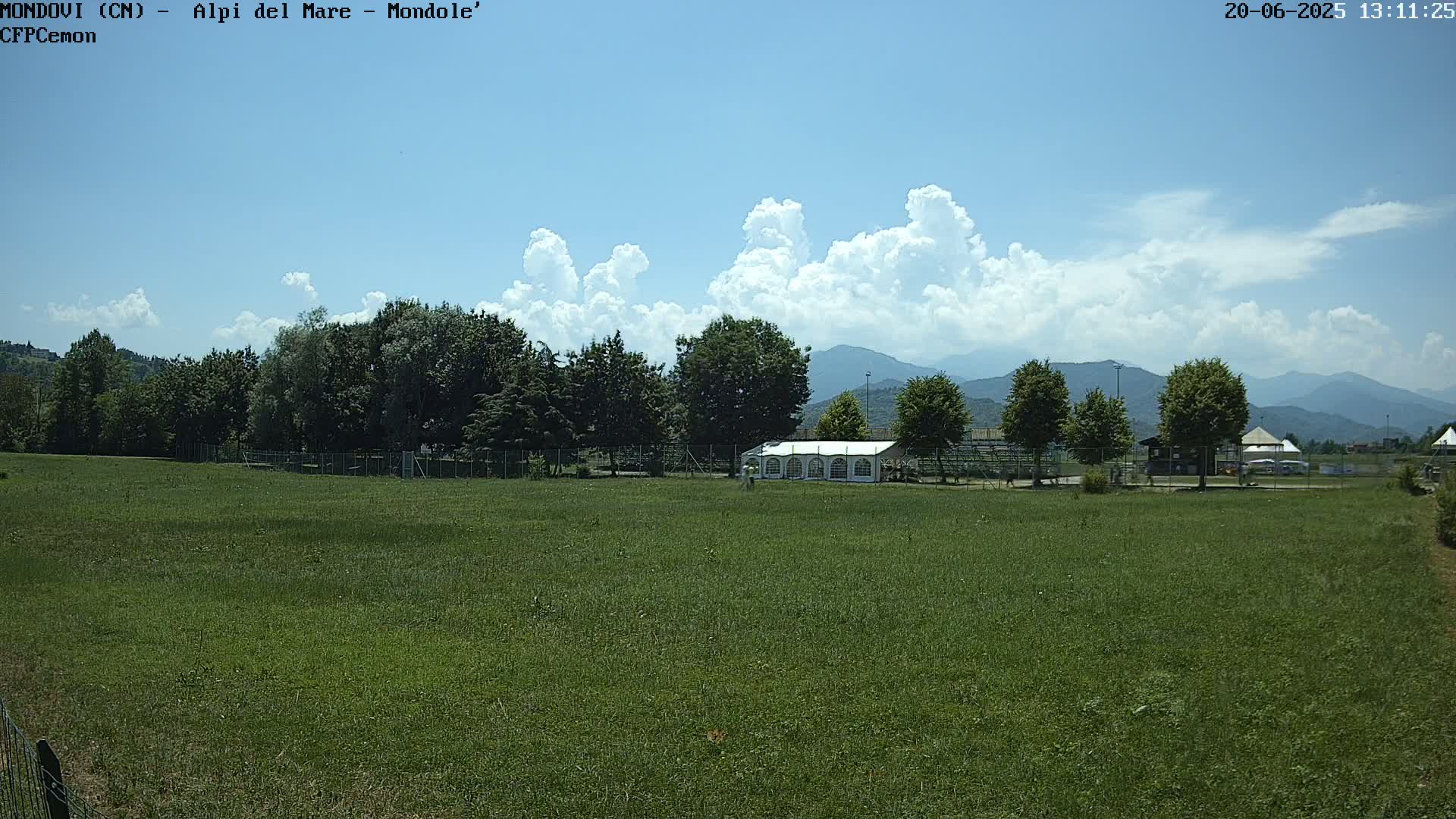 A large grassy field with trees and a white tent sits before a line of mountains under a mostly sunny sky with puffy cumulus clouds.