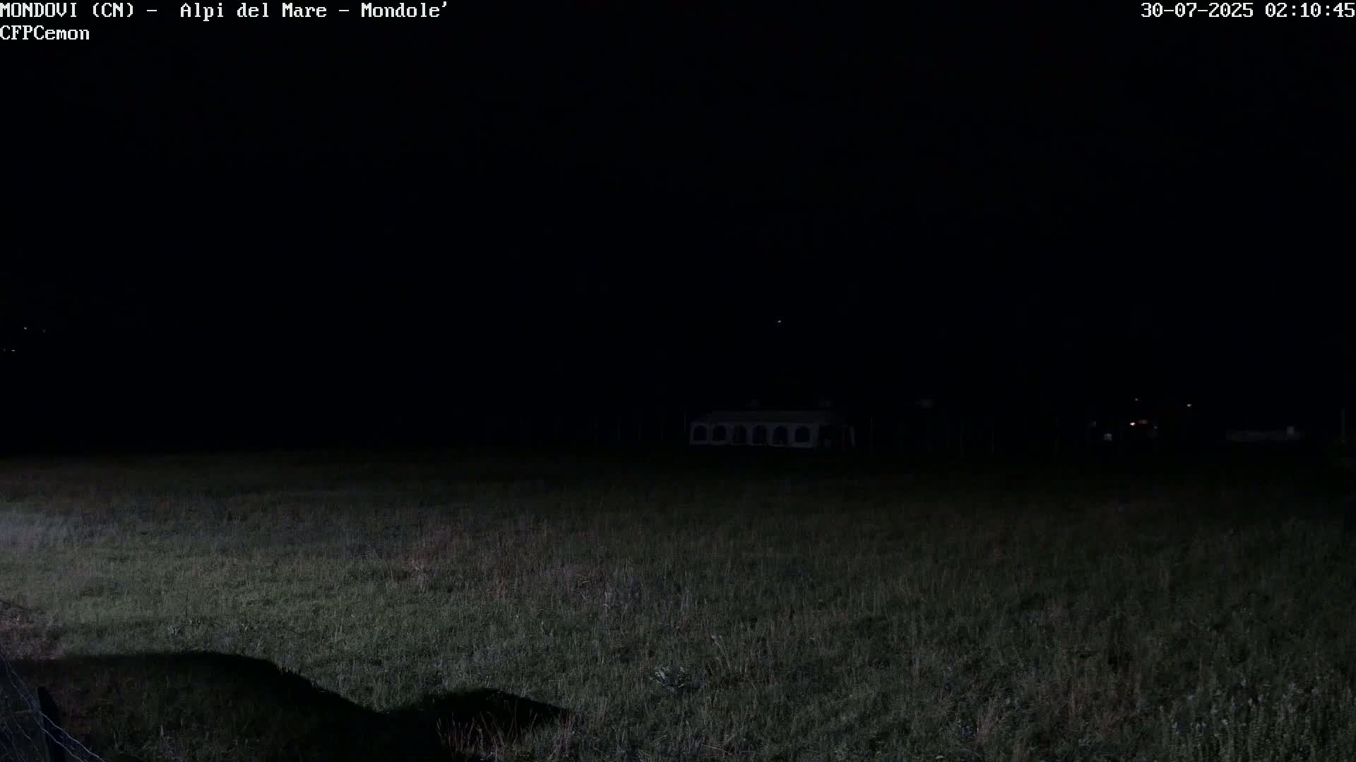 A dark, nighttime scene shows a grassy field with a structure in the distance under a clear sky.