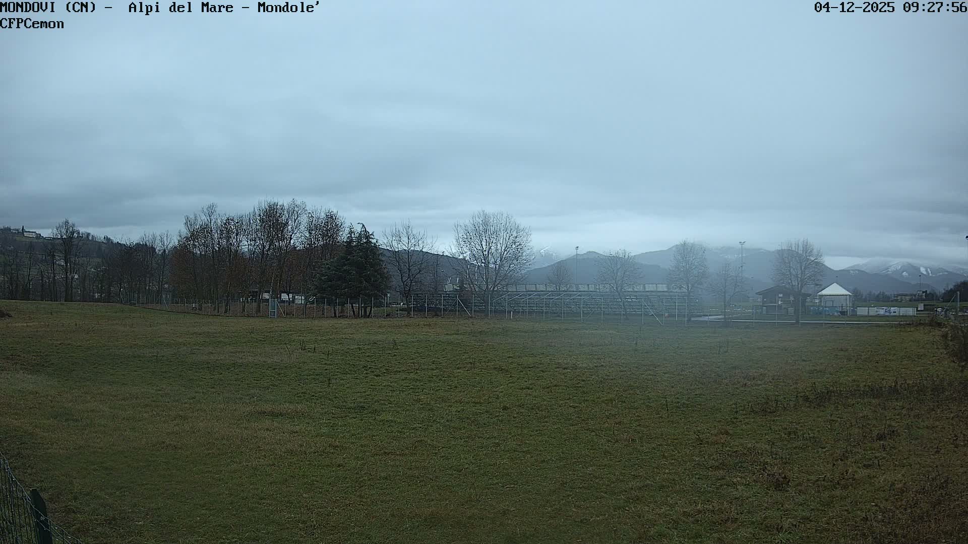 The scene depicts a wide green field in the foreground, bordered by bare deciduous trees and some evergreens in the midground, with temporary bleacher-like structures and buildings visible under a uniformly overcast sky, and snow-dusted mountains in the distant background.