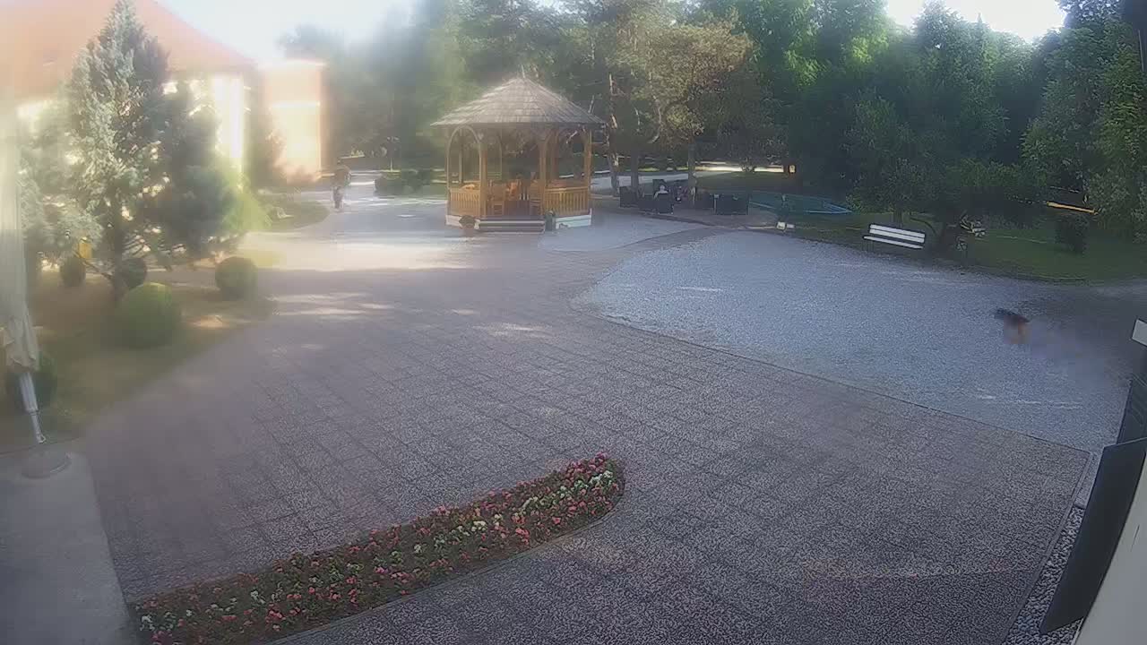 A hazy, sunny day reveals a courtyard with a wooden gazebo, several trees, a flower bed, and a gravel path.