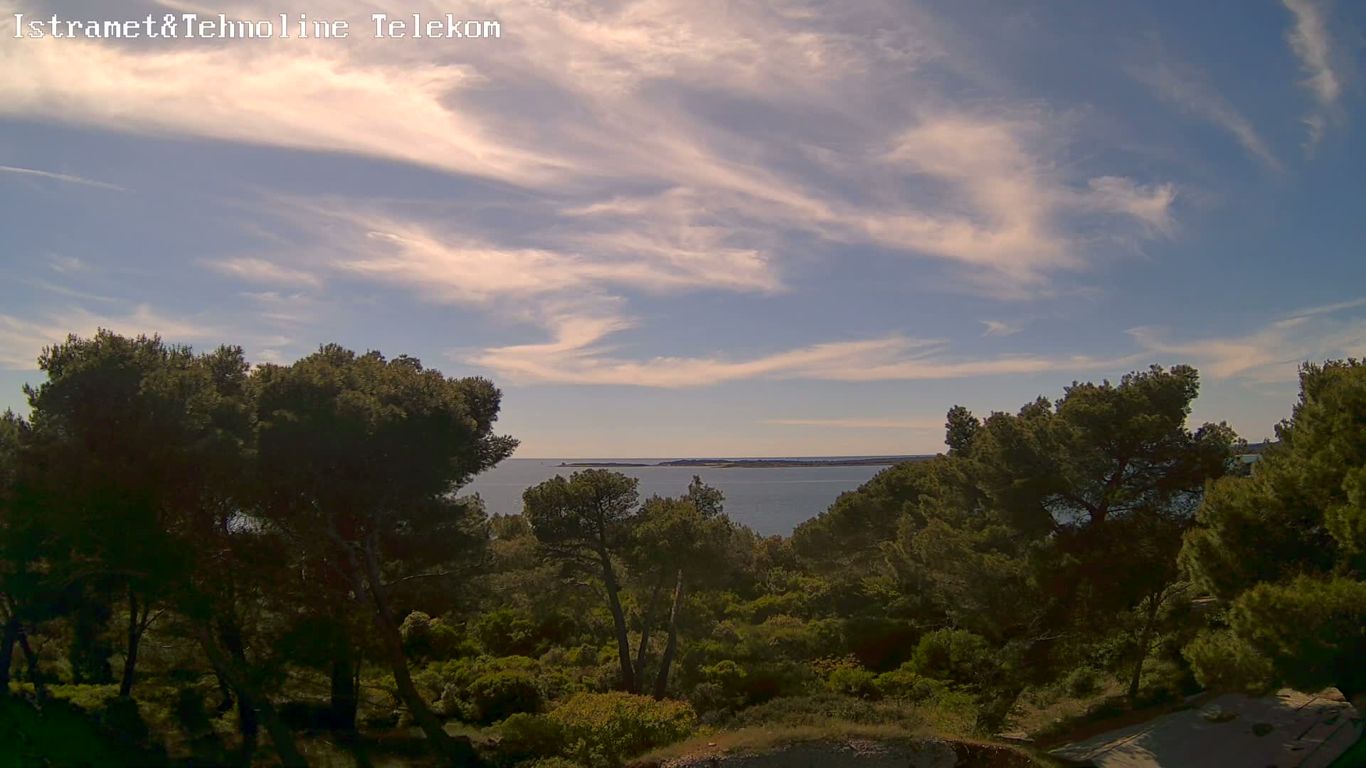 A tranquil coastal scene under a partly cloudy sky shows a calm sea extending to a distant landmass, viewed from a vantage point amidst lush green vegetation.