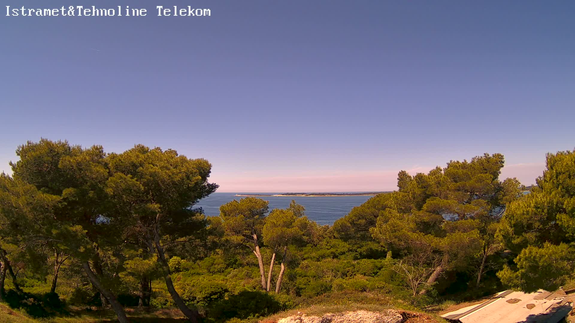 A clear, sunny day reveals a calm sea with a distant island visible beyond a lush landscape of green pine trees and low shrubs.
