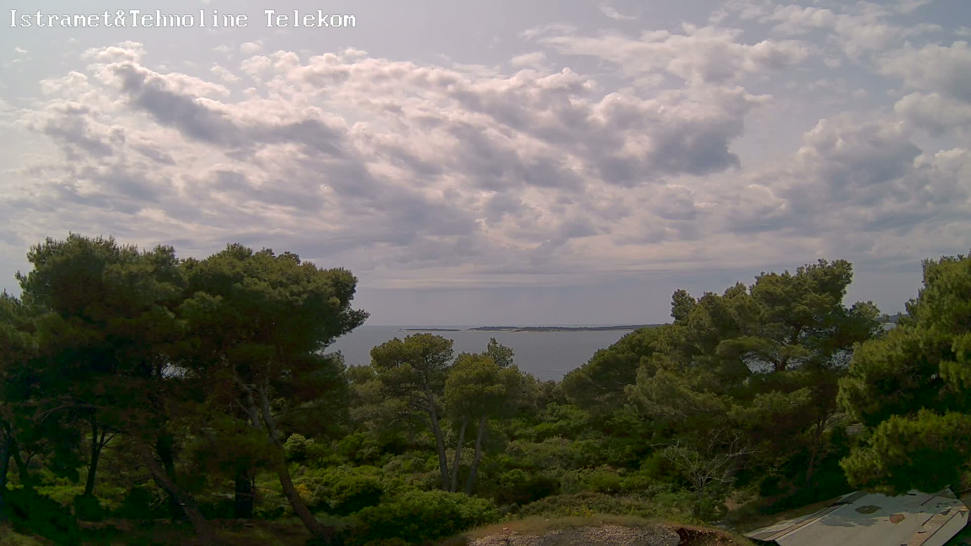 A partly cloudy sky overlooks a calm sea and a lush green landscape of pine trees and shrubs.