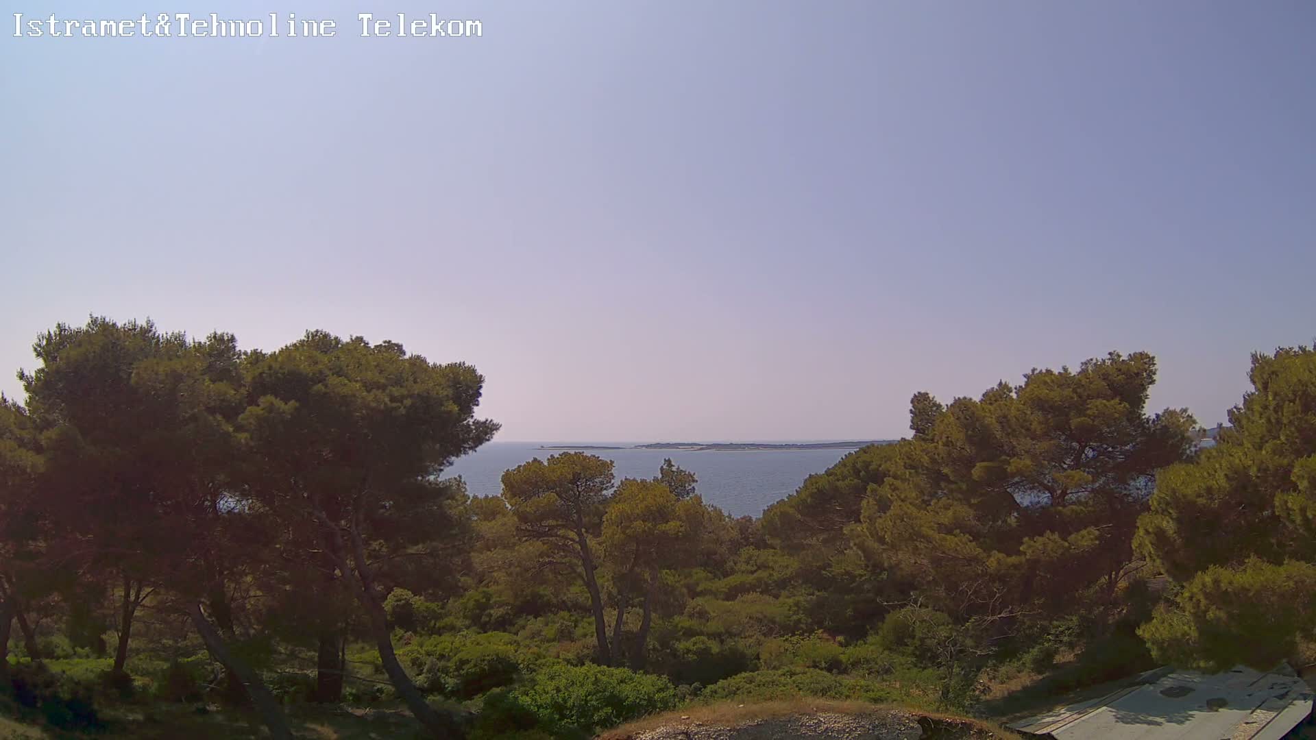 A calm, clear day reveals a view of a tranquil blue sea with islands in the distance, partially obscured by lush green pine trees on a hillside.