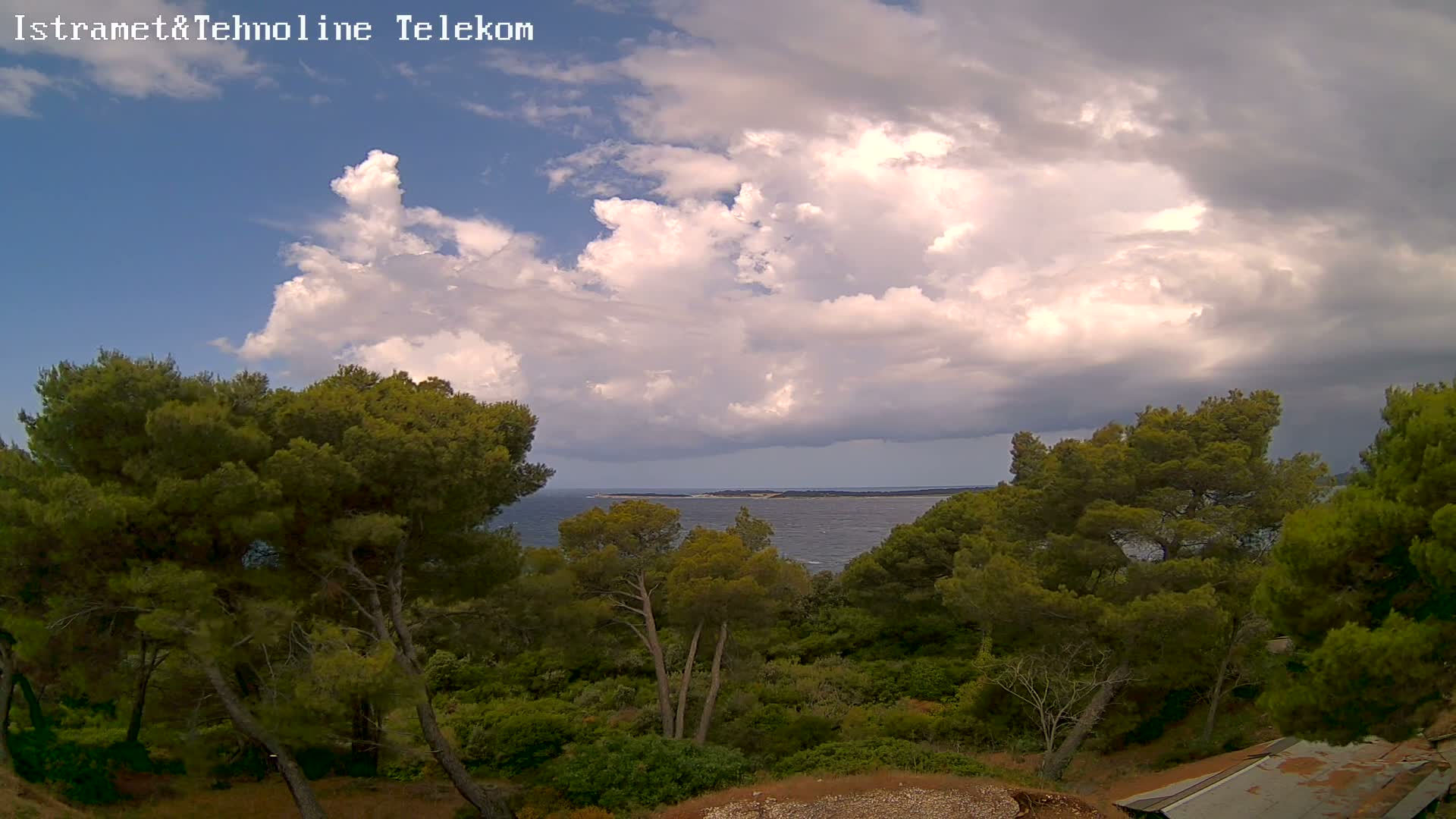 A partly cloudy sky overlooks a calm sea and a landscape of green pine trees and low shrubs.