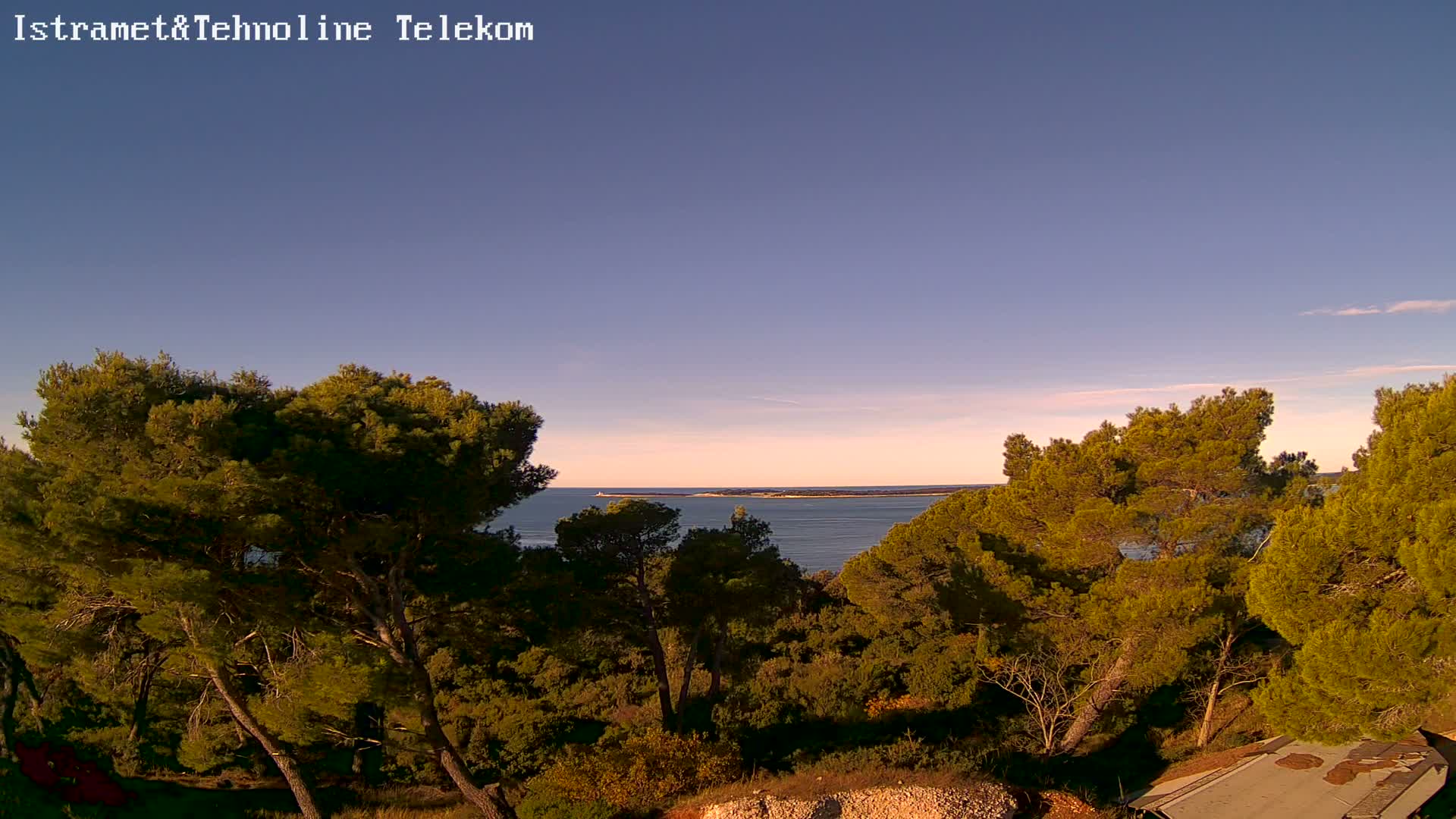 Lush green pine trees overlook a calm blue sea with a distant landmass and lighthouse under a clear sky with a sunset gradient, indicating fair weather.