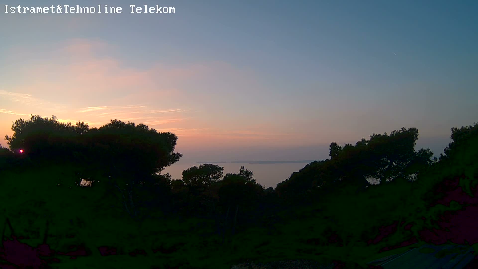 Lush green pine trees overlook a calm blue sea with a distant landmass and lighthouse under a clear sky with a sunset gradient, indicating fair weather.