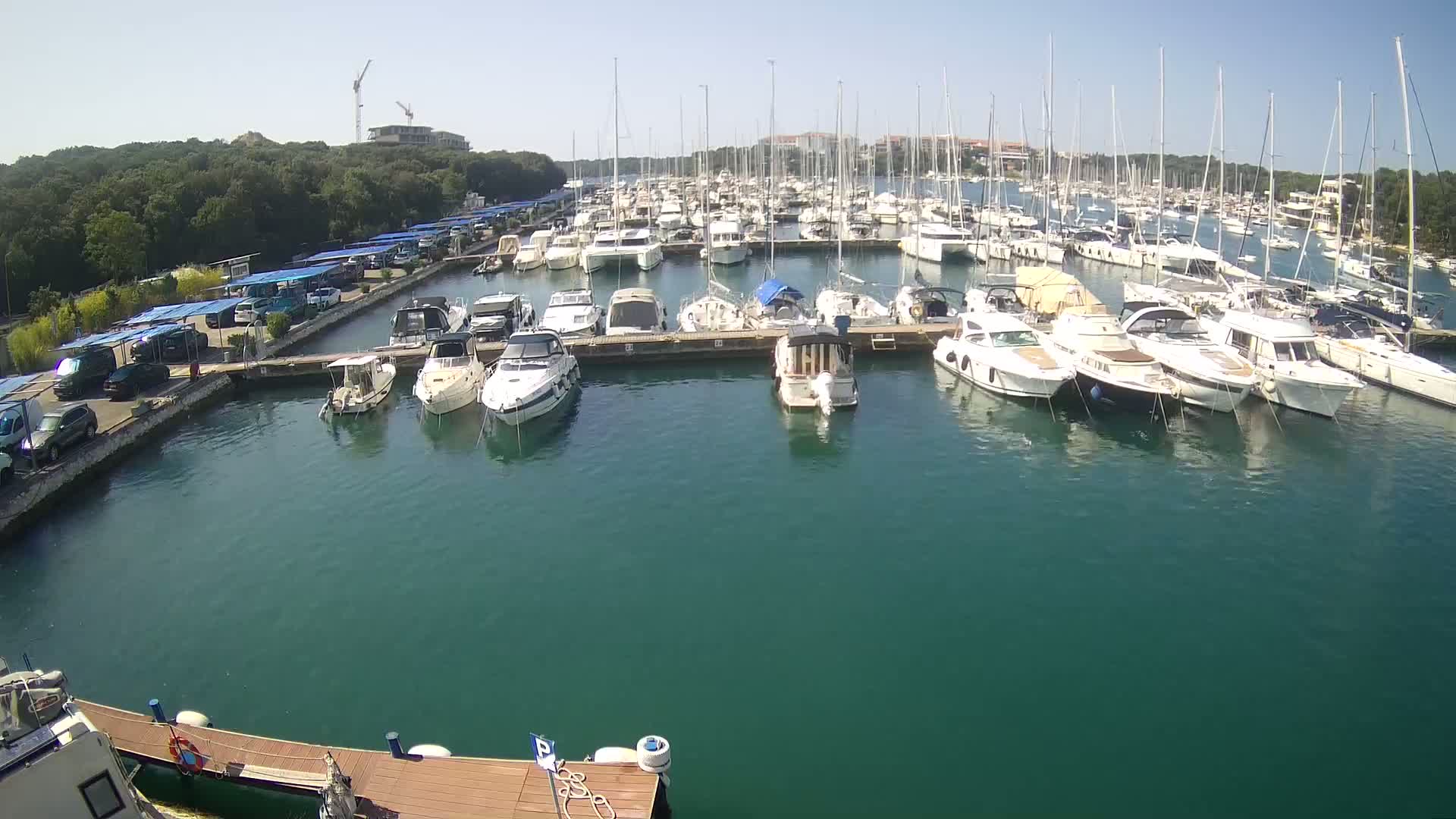 A marina filled with numerous yachts and motorboats on a sunny day, with a parking lot and green hills visible in the background.