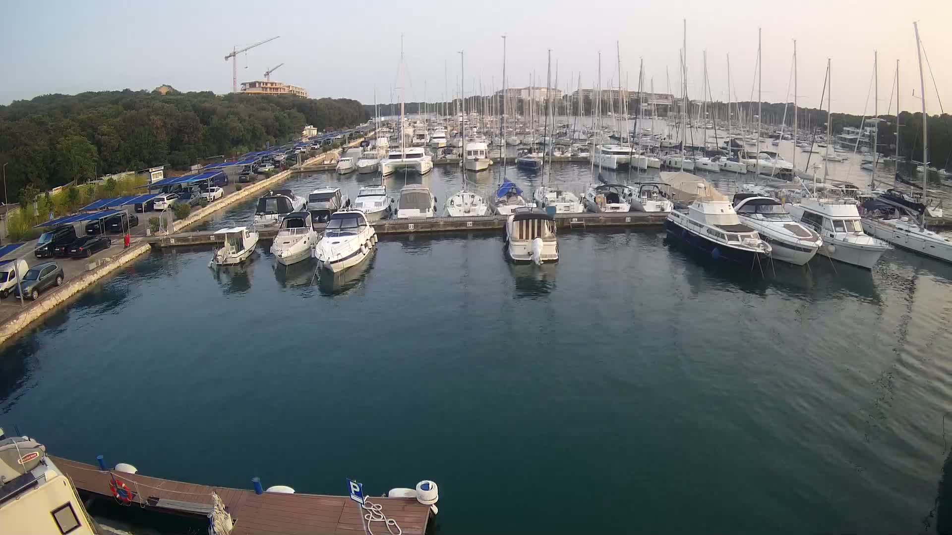 A marina filled with numerous sailboats and motorboats is situated near a shoreline with a parking lot and a wooded area under a mostly clear sky.