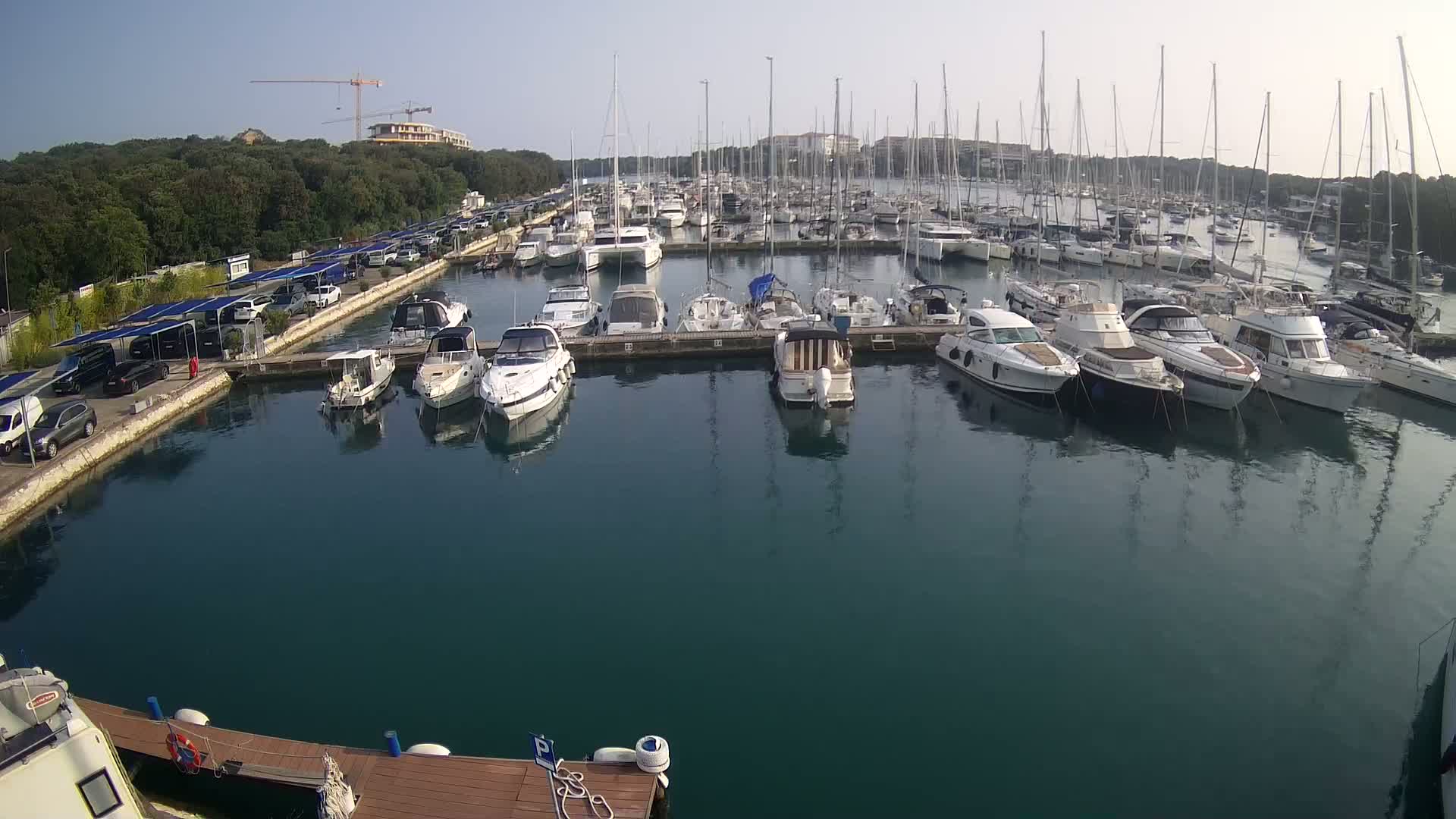 A marina filled with numerous boats and yachts on a calm, sunny day, with a parking lot and green trees visible in the background.