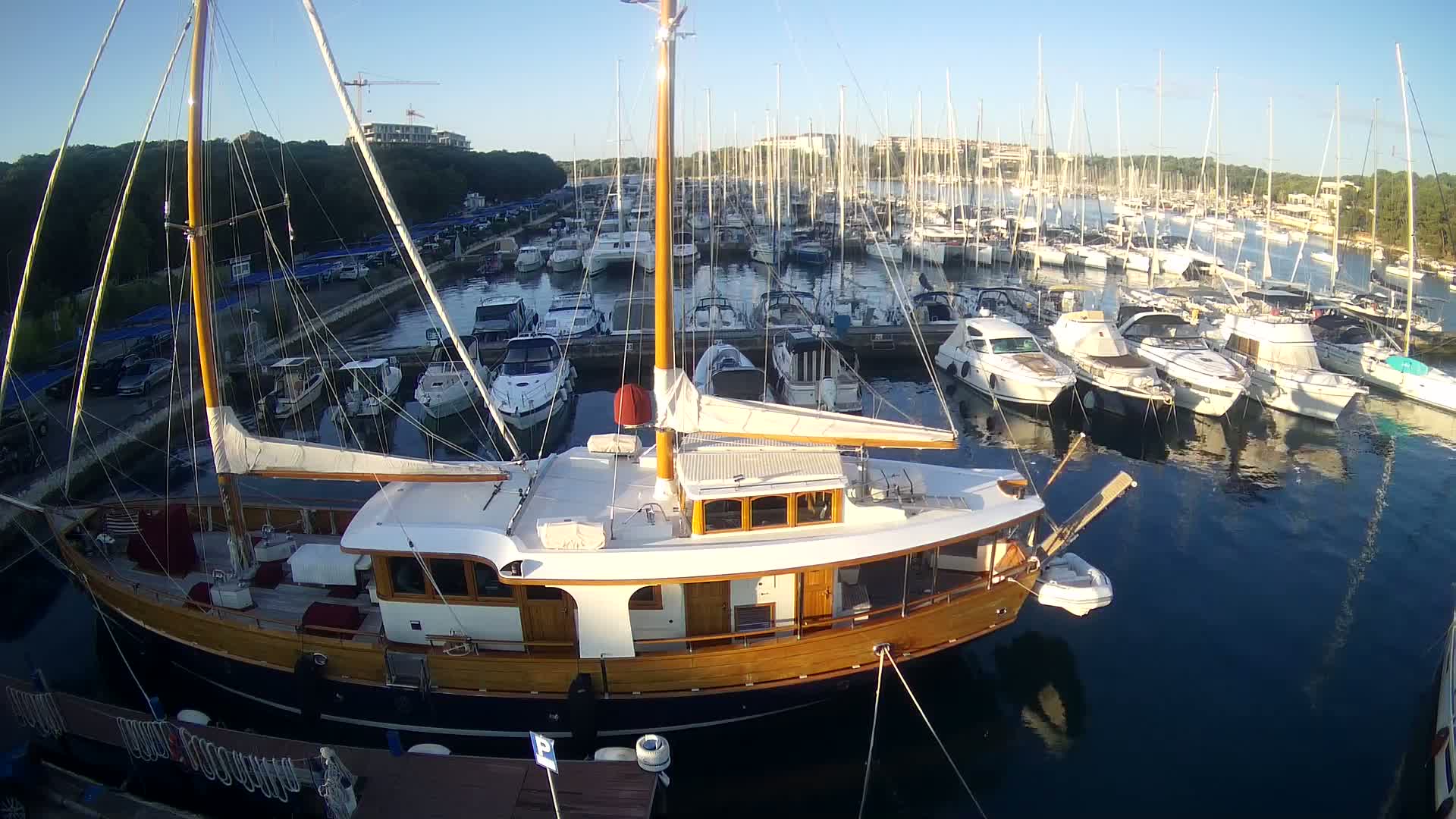 A large, wooden-hulled sailboat is docked in a marina filled with numerous other sailboats and motorboats on a sunny day.