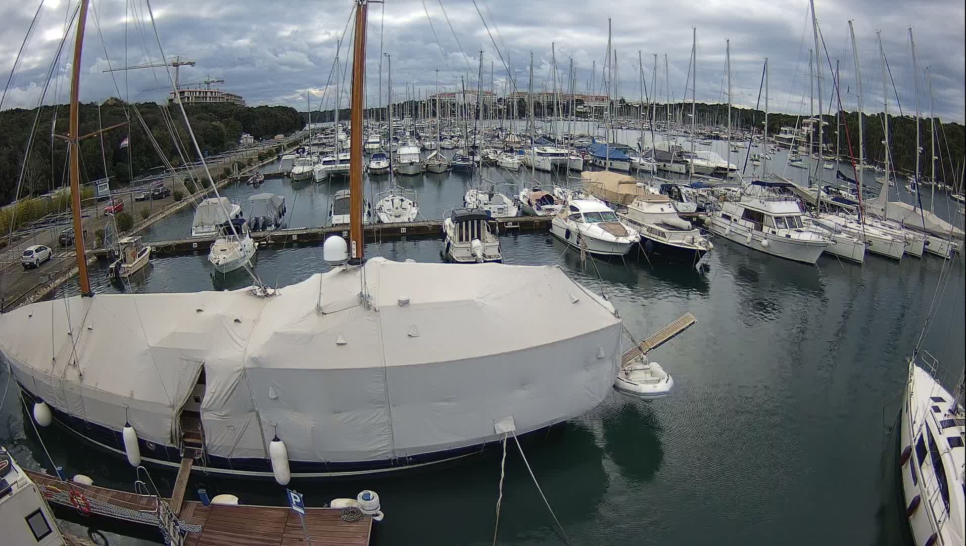 A bustling marina filled with a variety of boats and yachts is seen under a cloudy sky, with a large covered sailboat in the foreground and a distant treed shoreline featuring buildings and construction cranes.