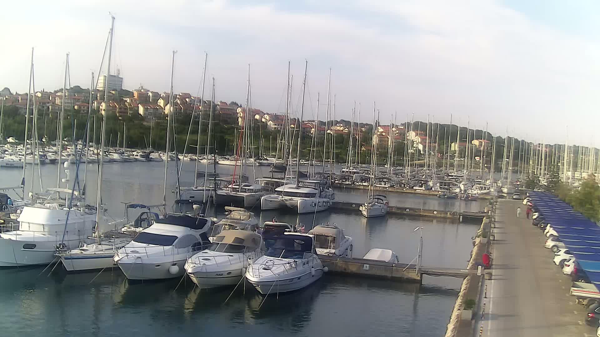 A marina filled with numerous sailboats and motorboats is situated near a residential area under a partly cloudy sky.