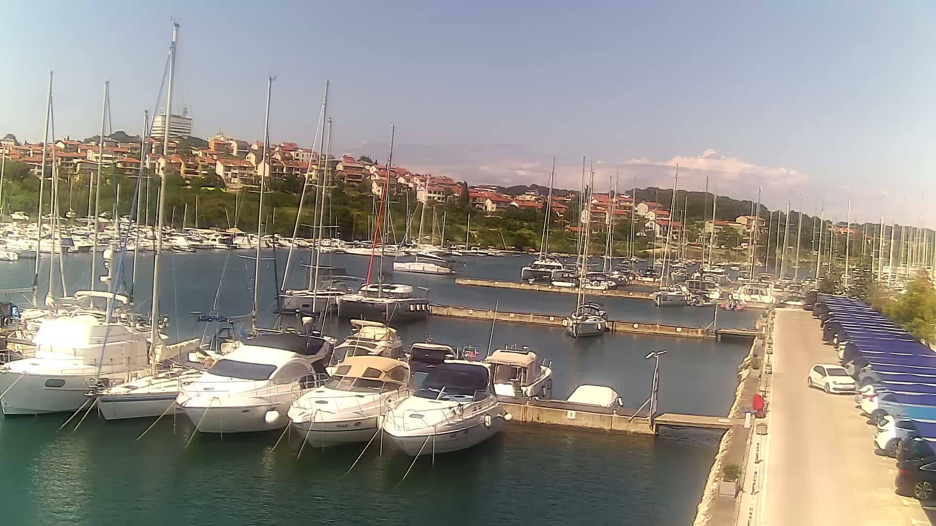 A marina filled with sailboats and motorboats is situated near a hillside town under a clear, sunny sky.