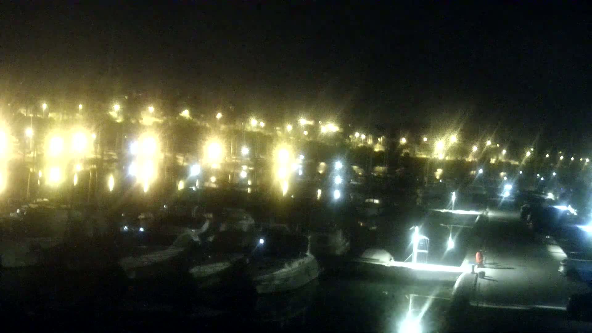 A nighttime view of a marina with numerous boats docked, illuminated by many lights.