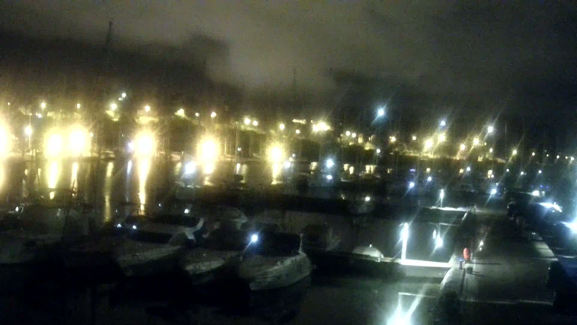A nighttime view of a marina filled with boats under a foggy sky, illuminated by numerous lights.