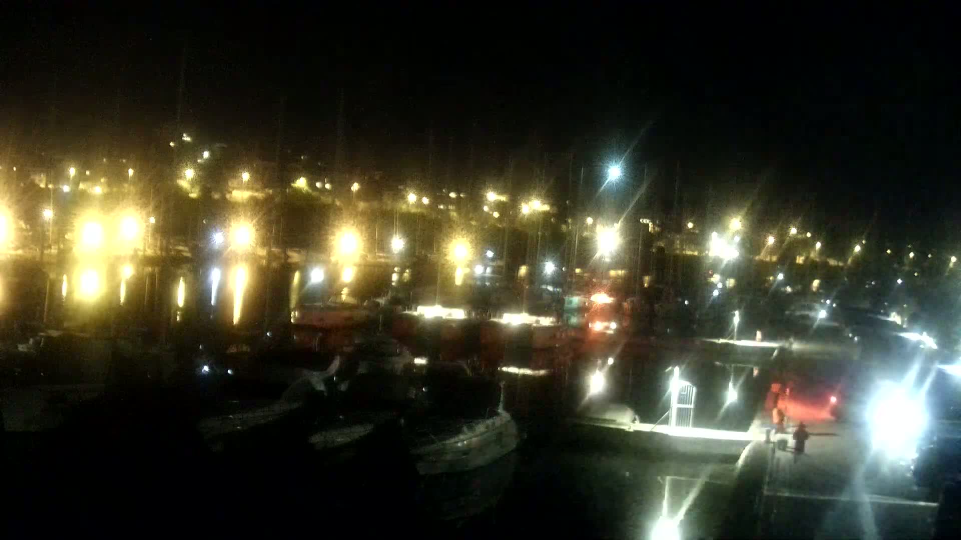 A nighttime view of a marina filled with boats illuminated by many lights.