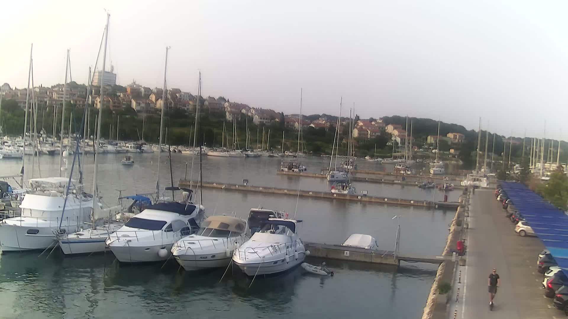 A marina filled with numerous sailboats and motorboats is seen on a calm, overcast day, with a shoreline featuring parked cars and a pedestrian.