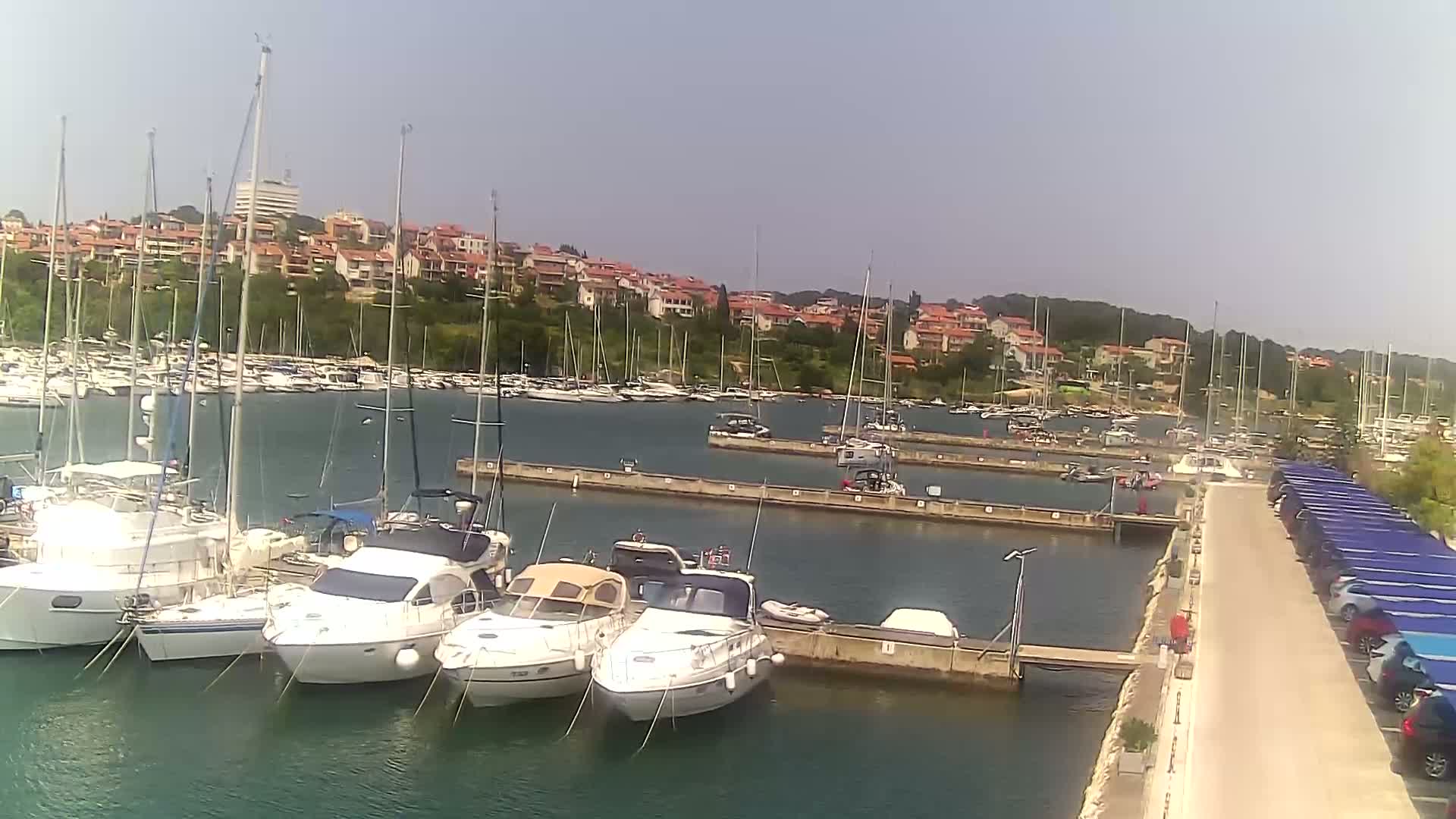 A marina filled with sailboats and motorboats is situated near a hillside town under a clear sky.