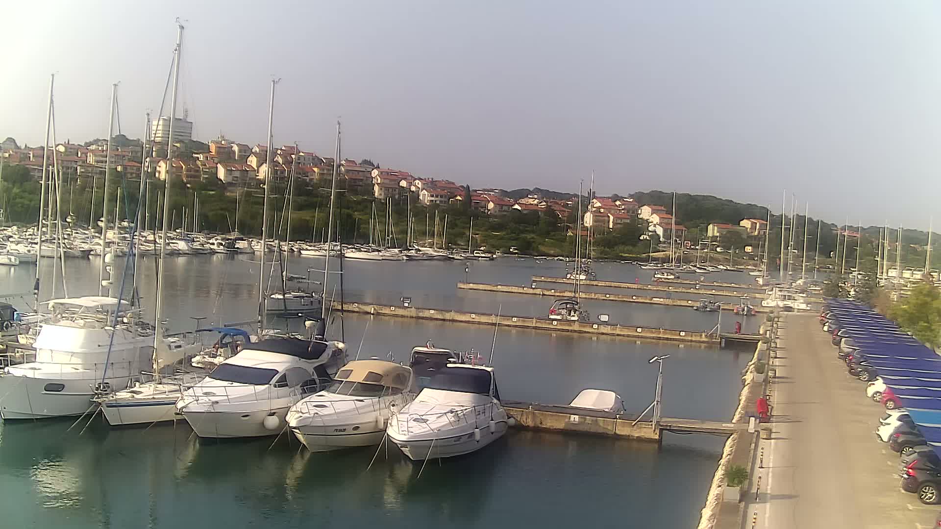 A marina filled with numerous sailboats and motorboats is situated in calm water next to a row of parked cars under blue coverings, all under a clear sky.