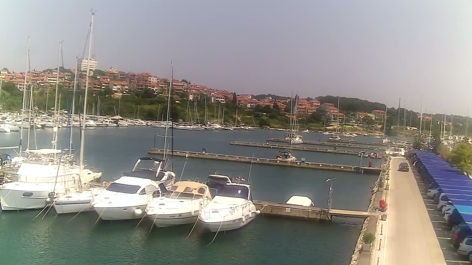 A marina filled with sailboats and motorboats is situated next to a hillside town under a sunny sky.