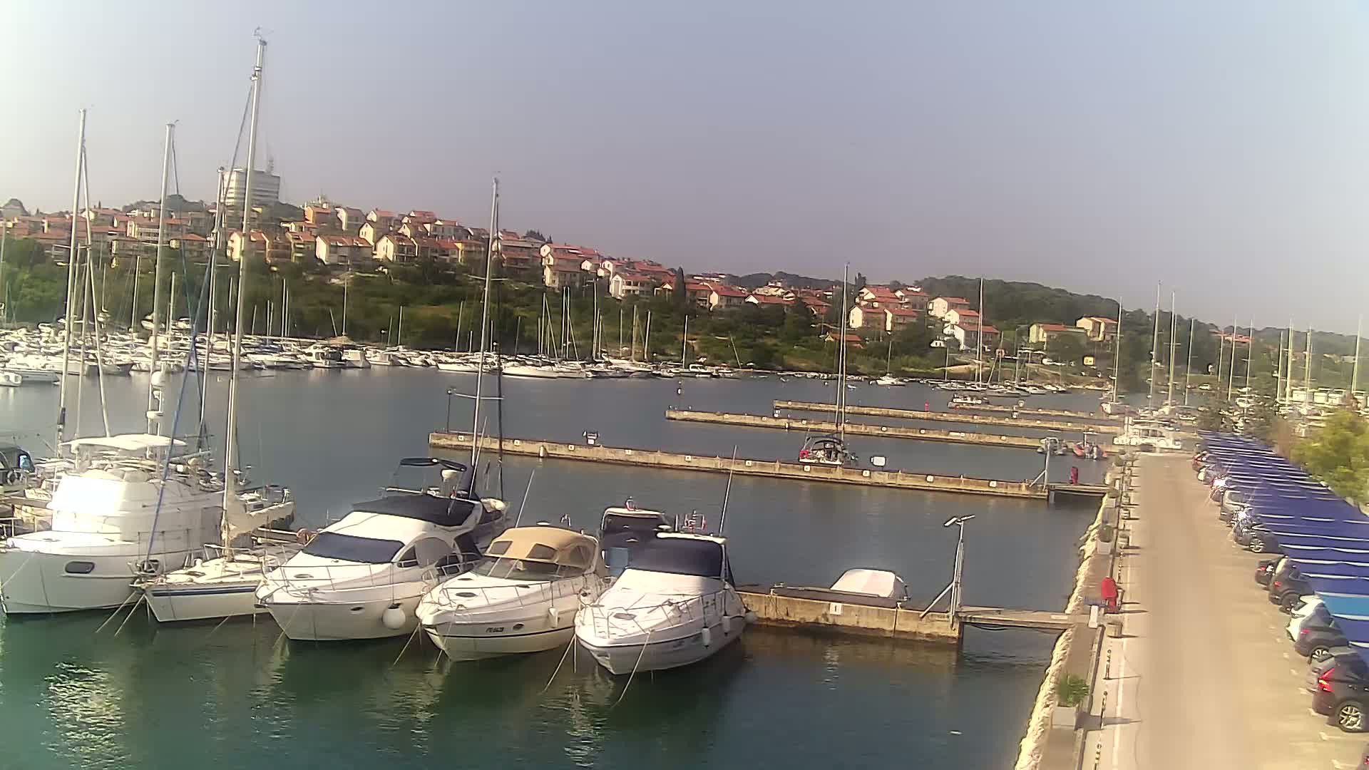 A marina filled with sailboats and motorboats is nestled next to a hillside town under a clear sky.