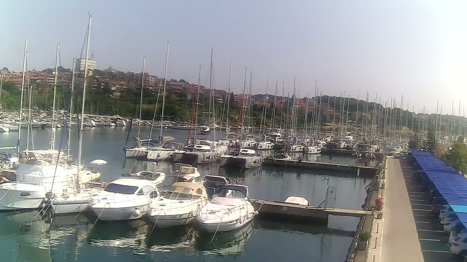 A marina filled with numerous sailboats and motorboats on a sunny day, with a town visible in the background.