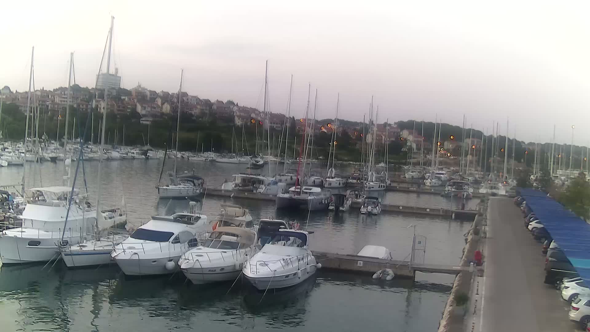 A marina filled with numerous sailboats and motorboats on a sunny day, with a shoreline lined with buildings and a parking lot.