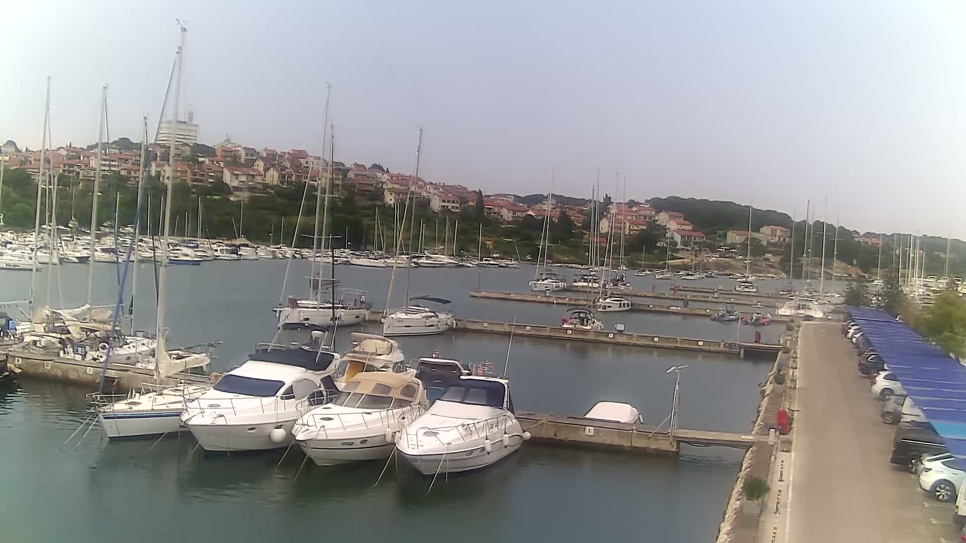 Many sailboats and motorboats are docked in a marina on a calm, overcast day, with a residential area visible in the background.