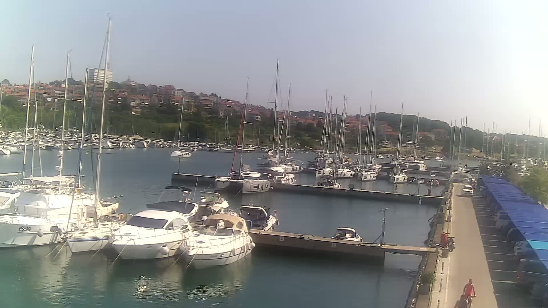 A marina filled with sailboats and motorboats on a sunny day, with a town visible in the background.