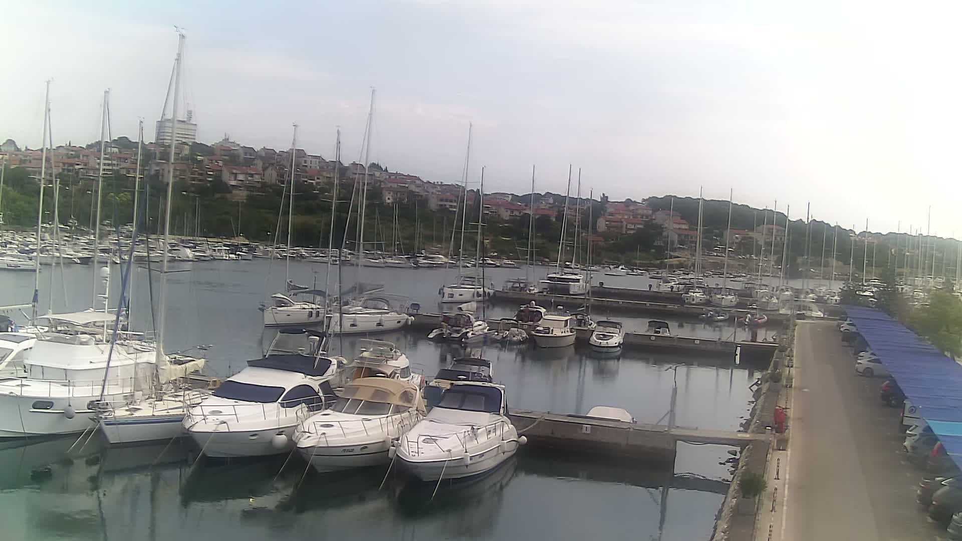 A marina filled with sailboats and motorboats is situated in front of a hillside town under an overcast sky.