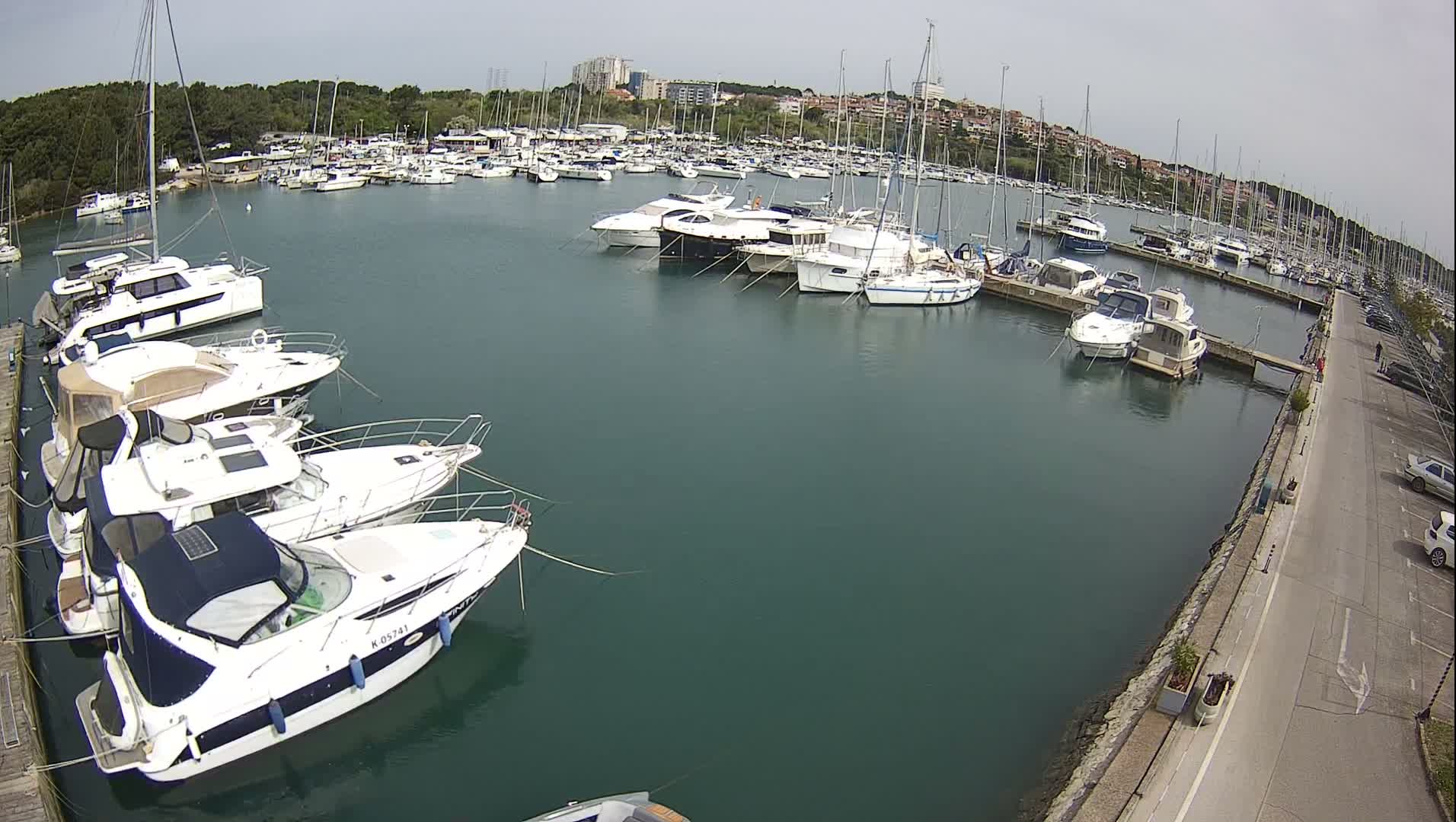 A blurry, grayscale, nighttime view reveals a marina or harbor filled with boats and a distant, lit shoreline reflecting on the water, observed through a camera lens obscured by rain.