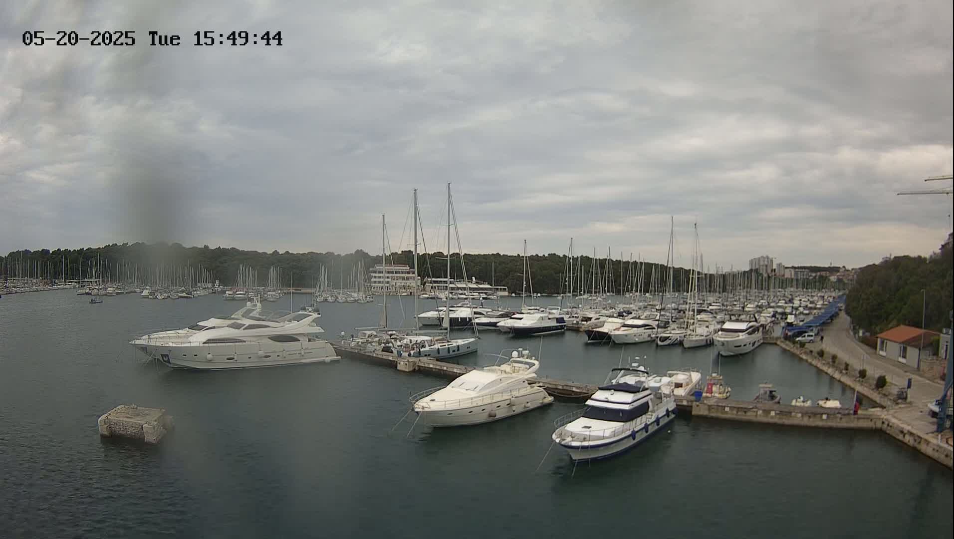 A marina filled with numerous sailboats and motor yachts is seen under an overcast sky.