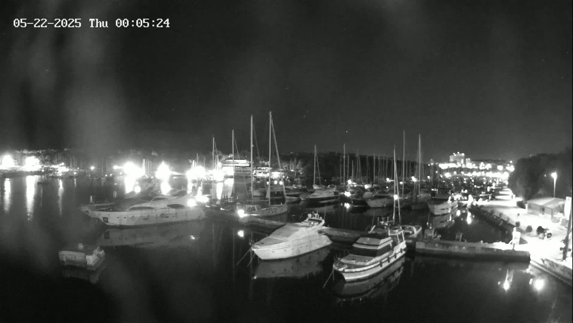 A nighttime, black-and-white view of a marina filled with docked boats and yachts under a clear, dark sky.
