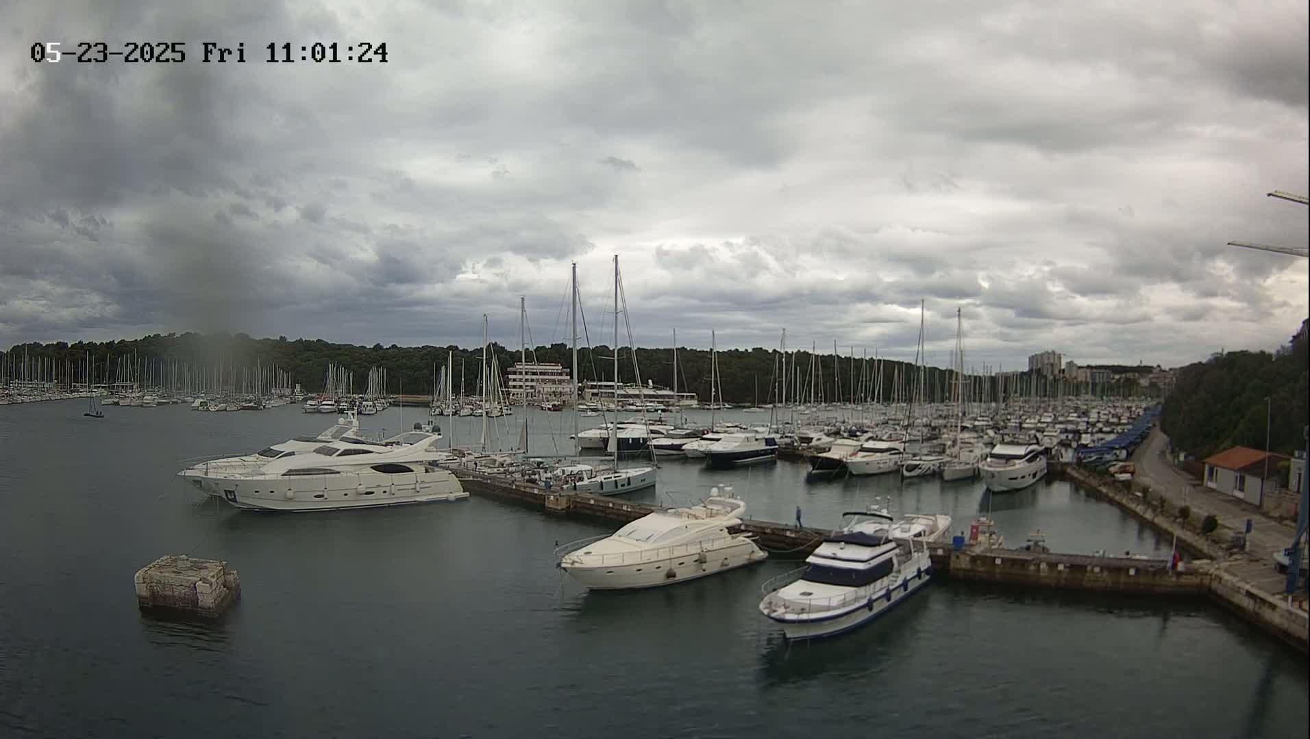 A marina filled with numerous sailboats and motor yachts is shown under an overcast sky.