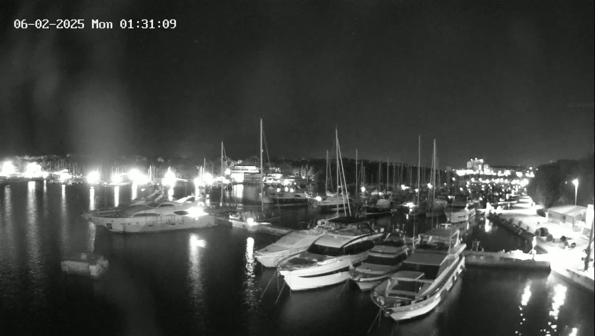 A marina at night with many boats docked, under a clear, dark sky.