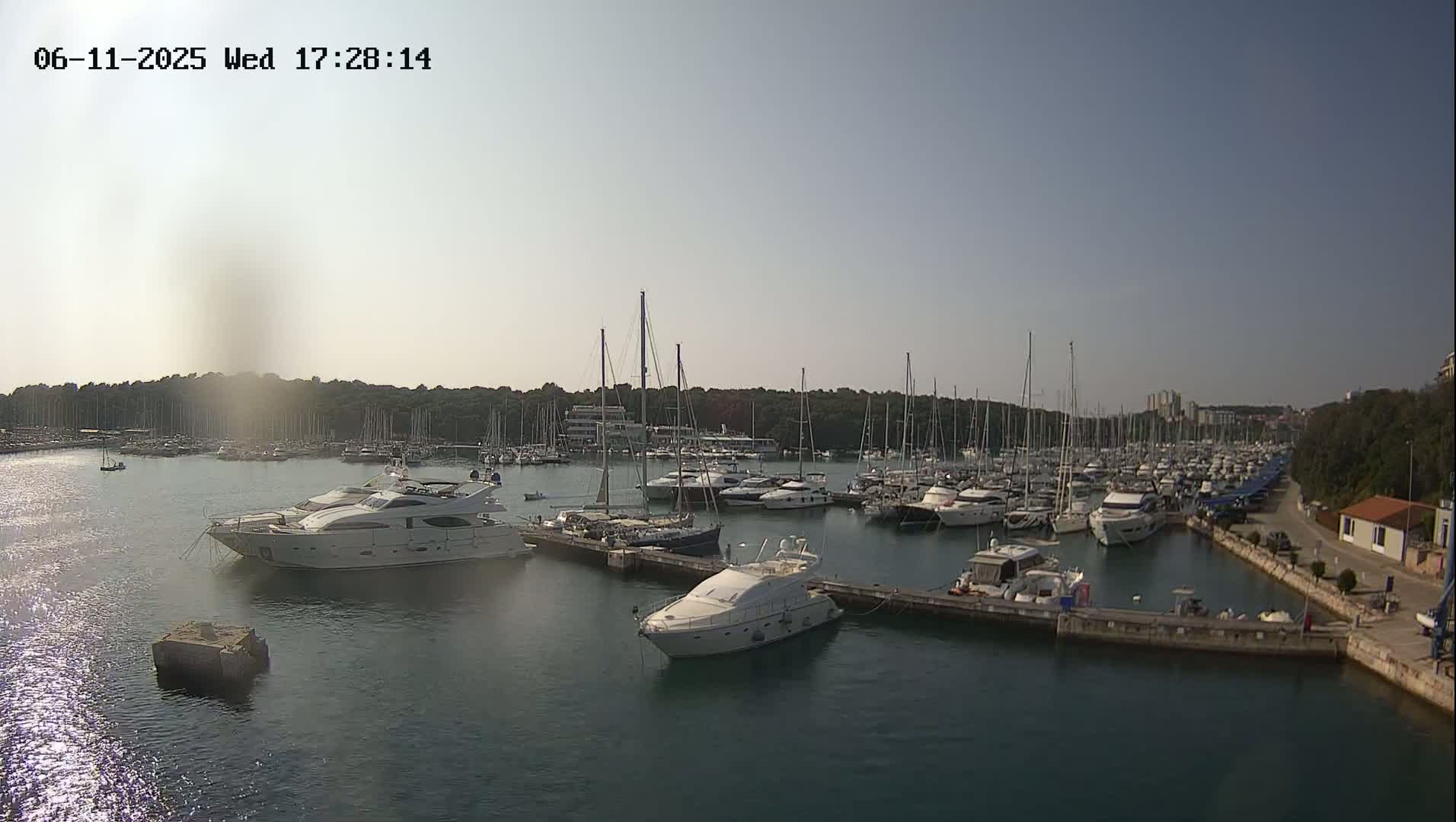 A marina filled with numerous sailboats and yachts under a clear, sunny sky.