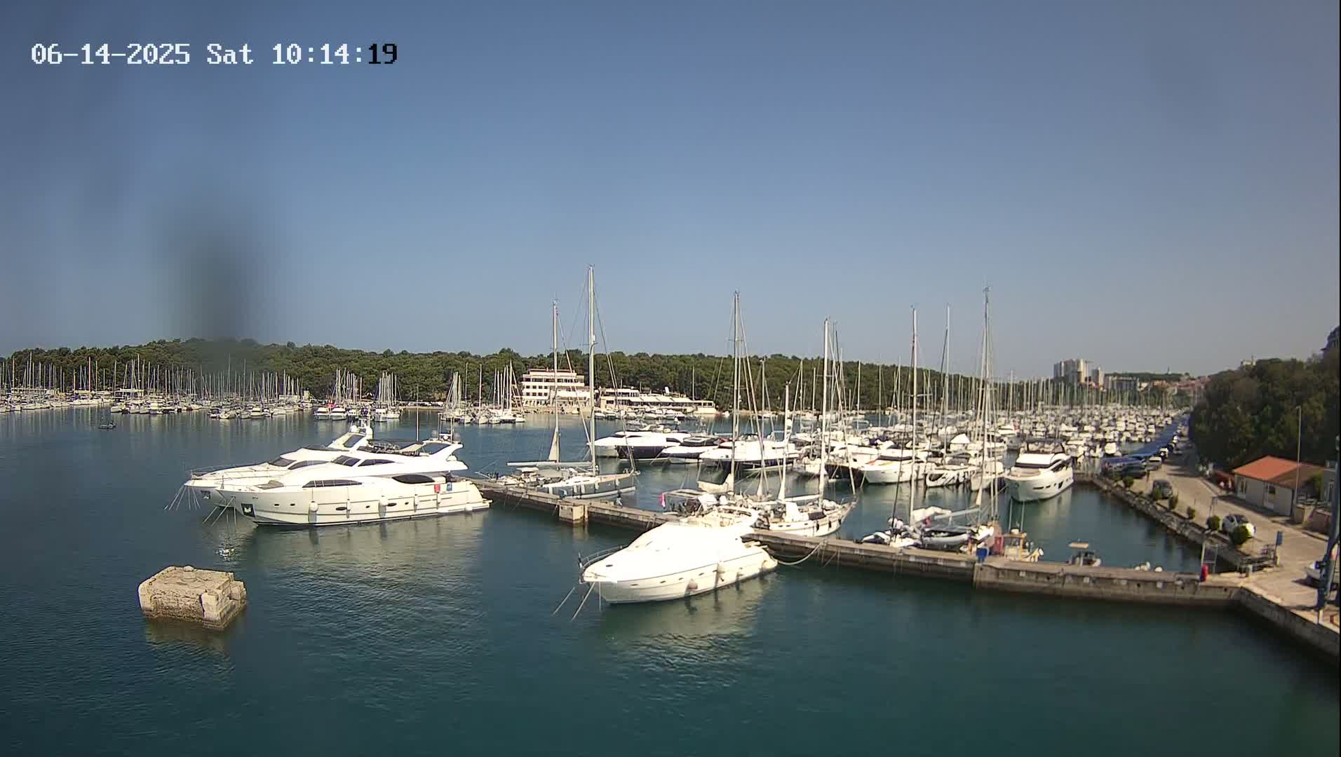 A marina filled with numerous sailboats and motor yachts on a sunny day.