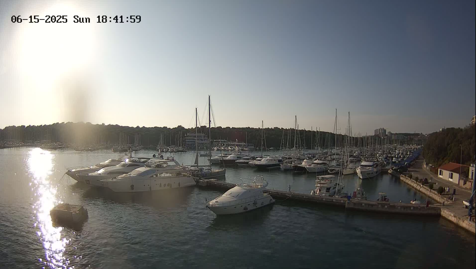 A calm marina filled with numerous yachts and sailboats under a clear, bright sky at sunset.