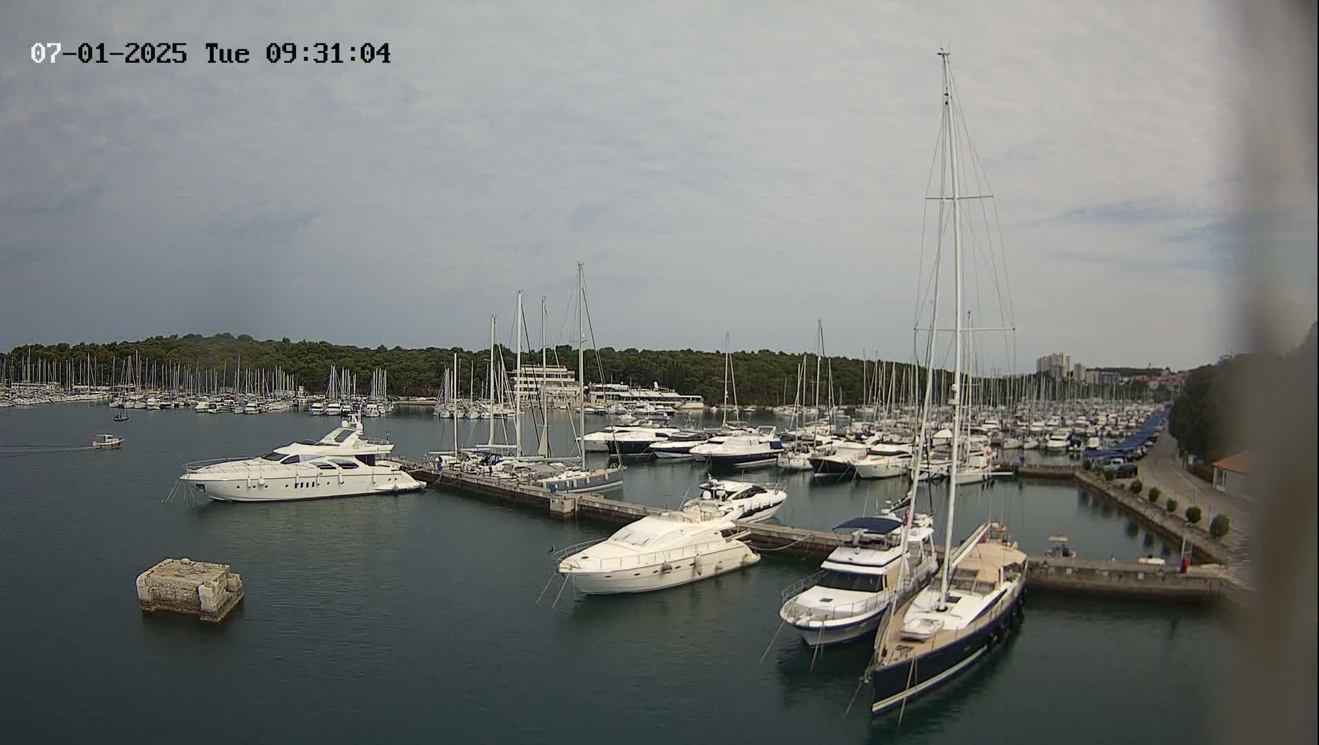 A marina filled with numerous sailboats and motorboats is shown on an overcast day.