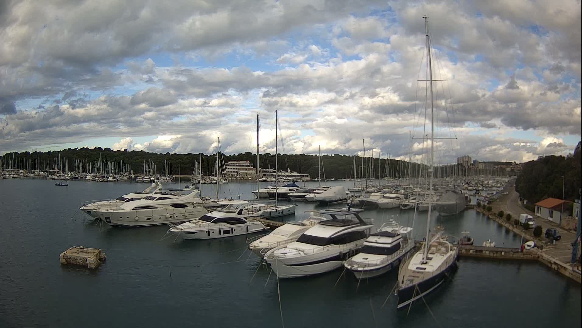 The image captures a bustling marina filled with numerous yachts and sailboats docked in calm waters, surrounded by forested land and distant buildings under a partially cloudy sky.