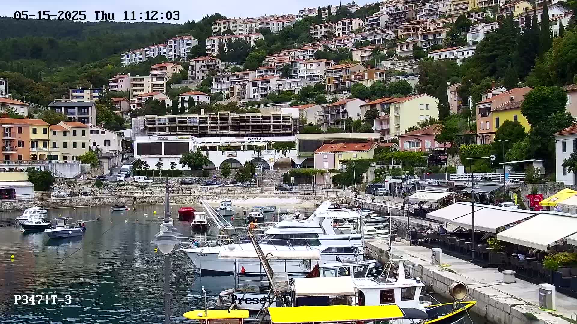 A harbor filled with boats is nestled between a hillside covered in buildings and waterfront restaurants under an overcast sky.