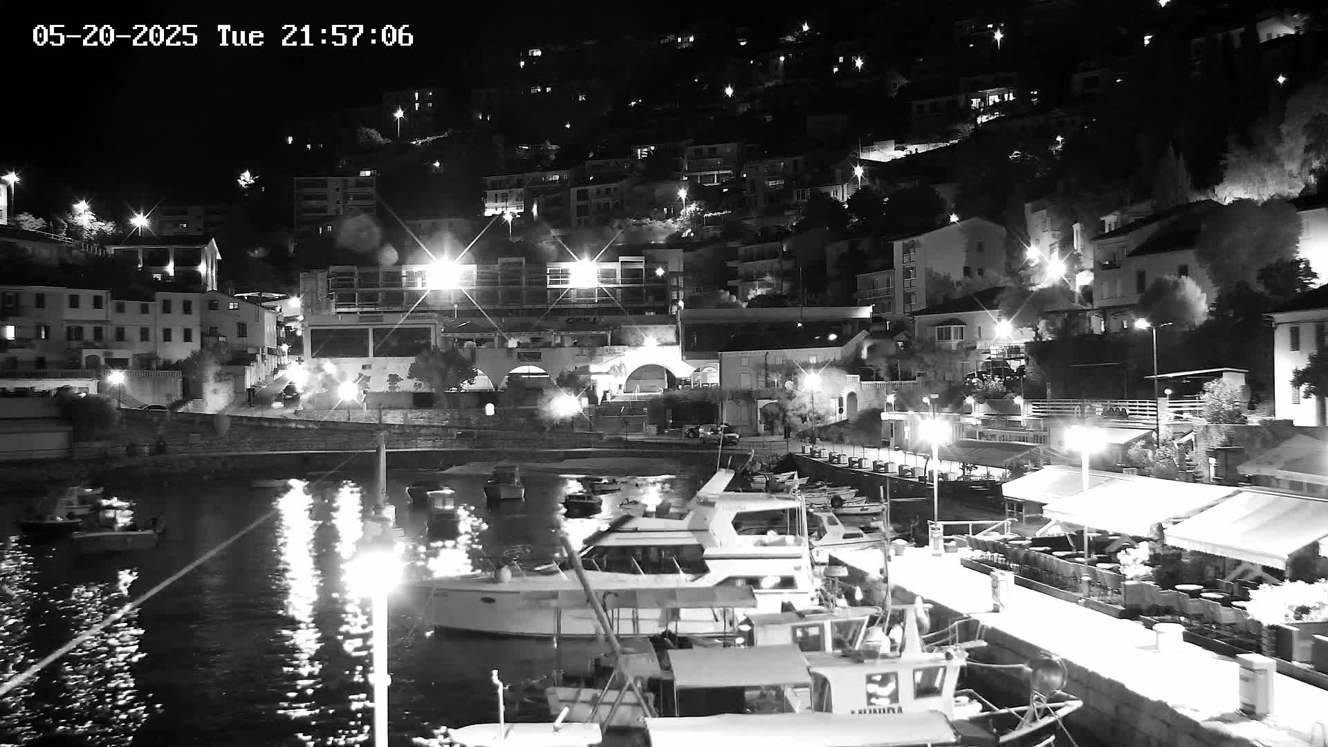A nighttime, black-and-white view of a harbor filled with boats, lined with buildings and restaurants illuminated by lights on a hillside.