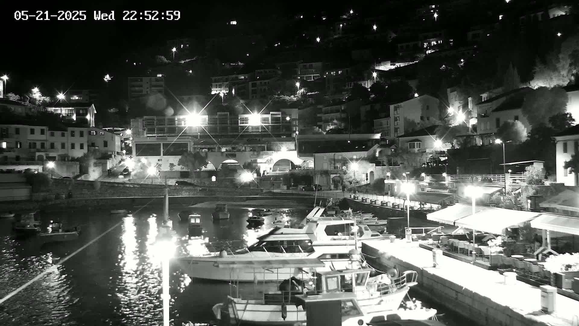 A nighttime, black and white view of a harbor filled with boats, next to a town lit by streetlights on a hillside.