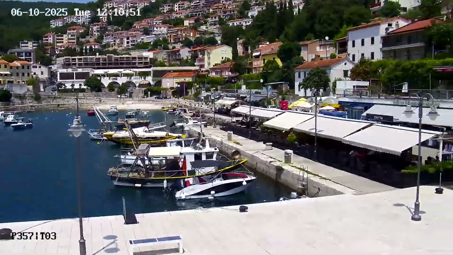 A harbor filled with small boats is nestled in a town built on a hillside, under a sunny sky.